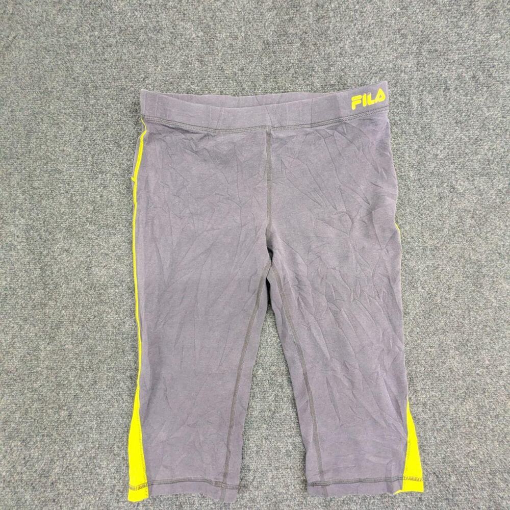 Fila Leggings Womens M Grey Cropped Athletic Neon Yellow Side Stripe Yoga Pants